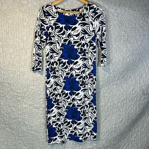 Long Elegant Legs TALL dress small fitted 3/4 sleeve blue white tropical knee